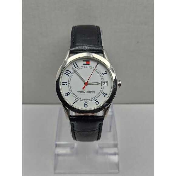 Tommy Hilfiger Quartz Watch New Battery White Dial Date Black Leather Strap 99ft - Picture 1 of 12